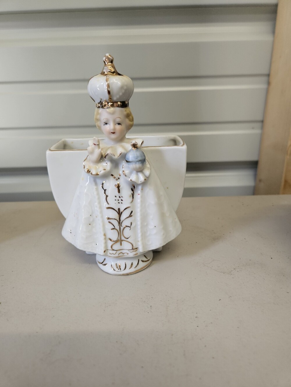 Porcelain Infant of Prague Figurine Planter - White with Gold Accents